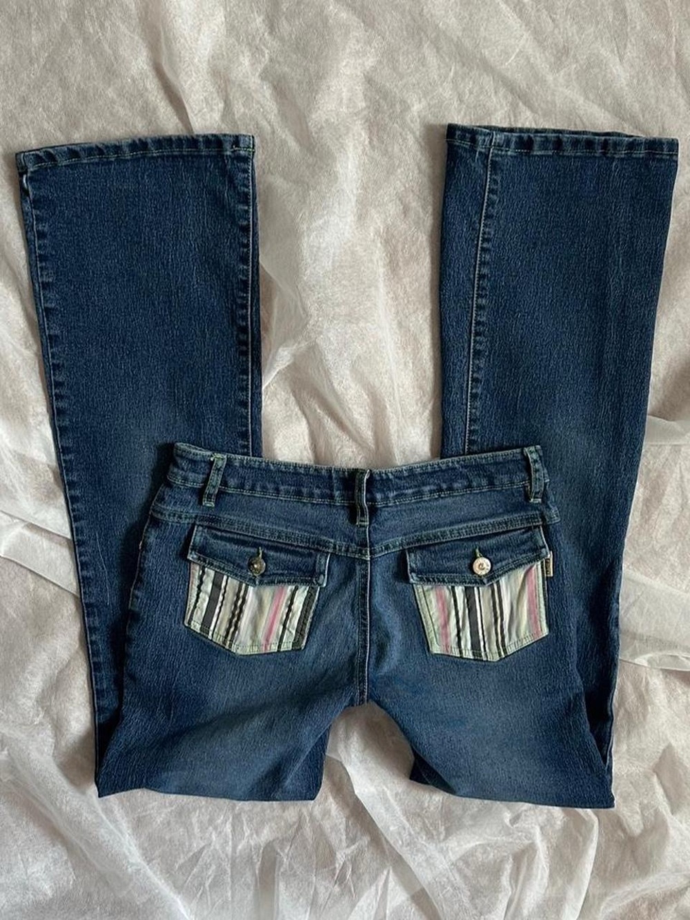 Y2K Women’s Dark Blue Jeans with Striped Pocket Detail
